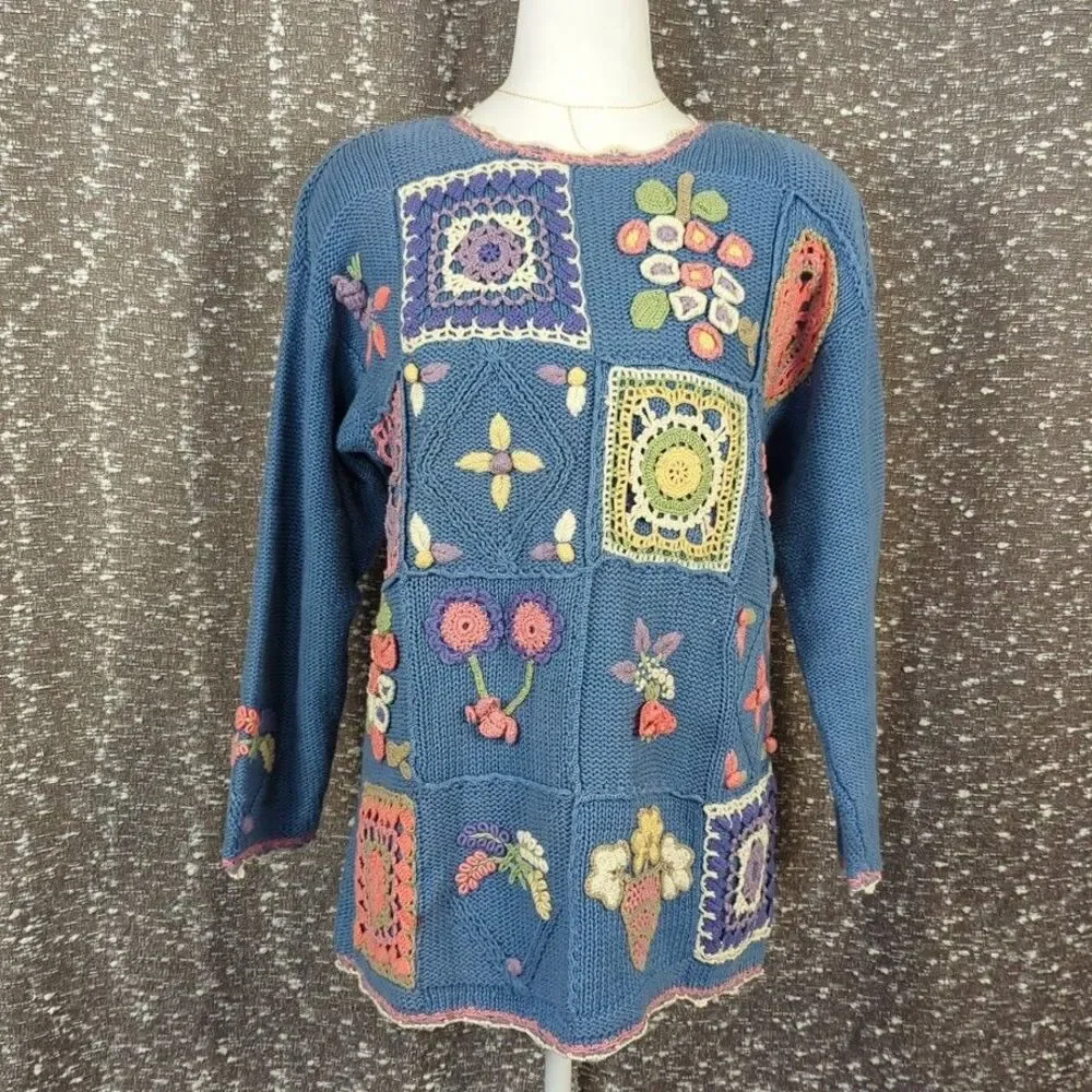 Vintage Ivy Hand Knit Grandma Sweater Blue Crochet Accents Cottagecore